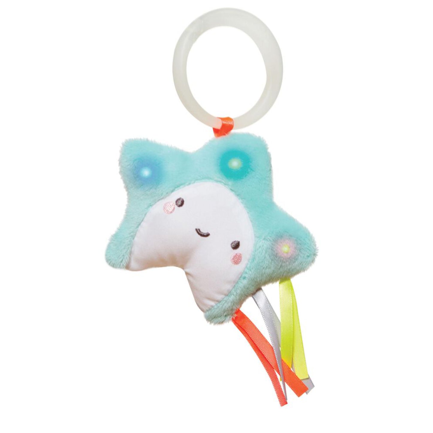 Sonajero en forma de estrella azul con luces y cintas, ideal para bebés