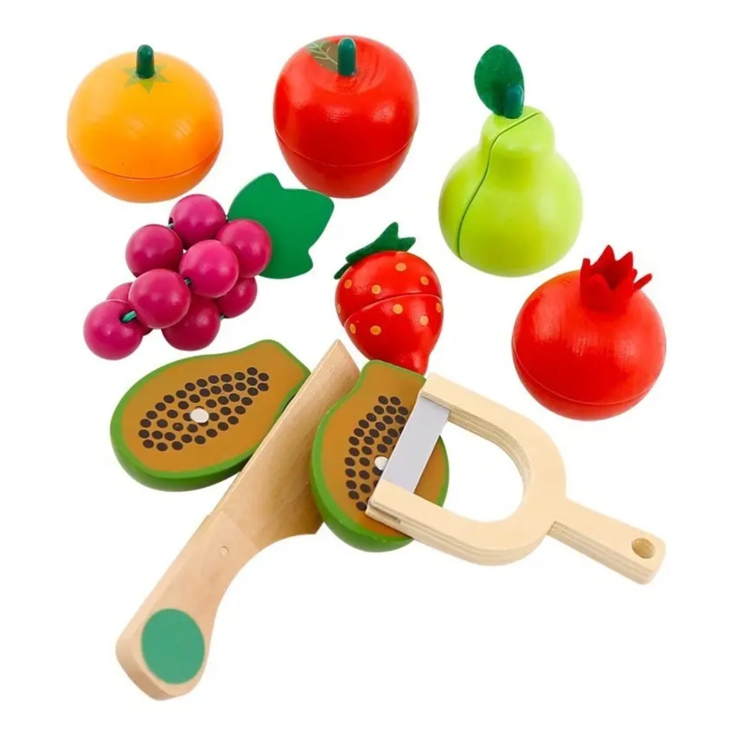 Frutas de madera de colores con cortador, juego educativo para niños