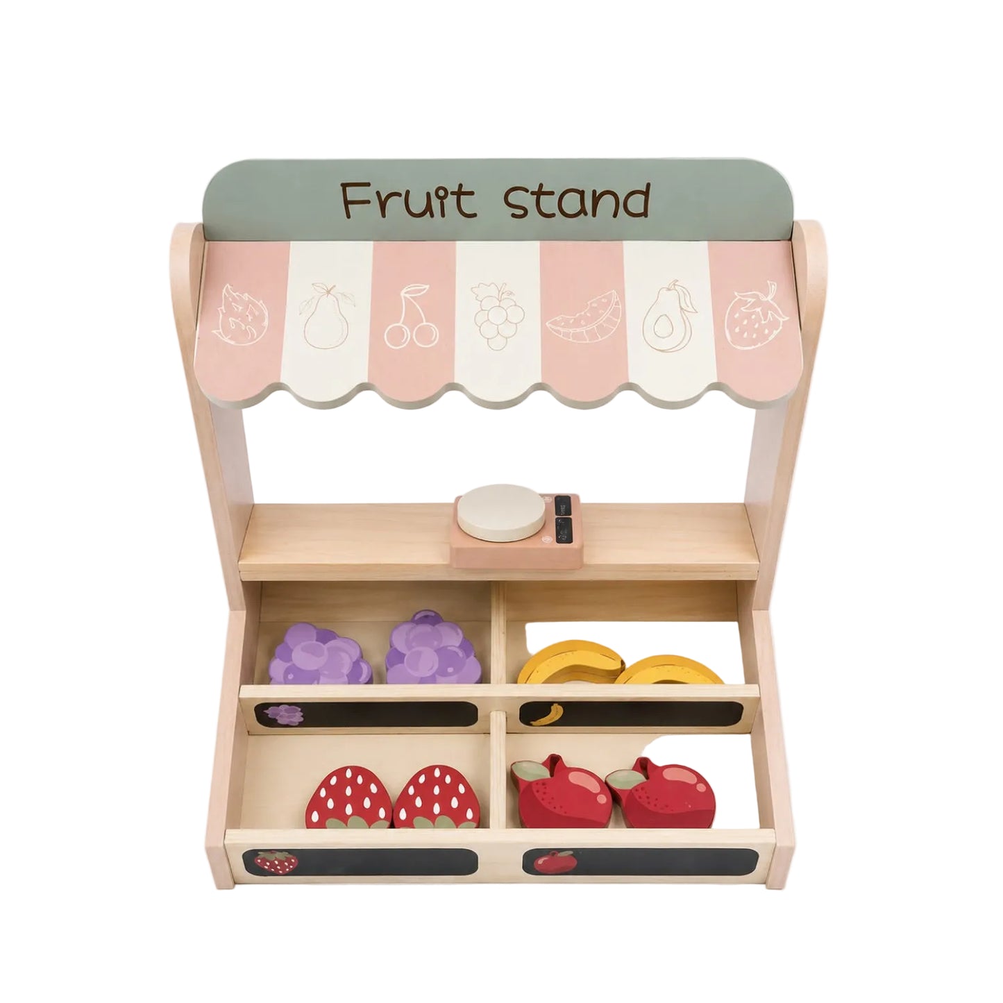 Vendedora de frutas de madera, color natural, vista frontal en un ambiente de juego