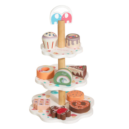 Juguete de madera pastel con pasteles y caramelos, vista frontal, ideal para niños