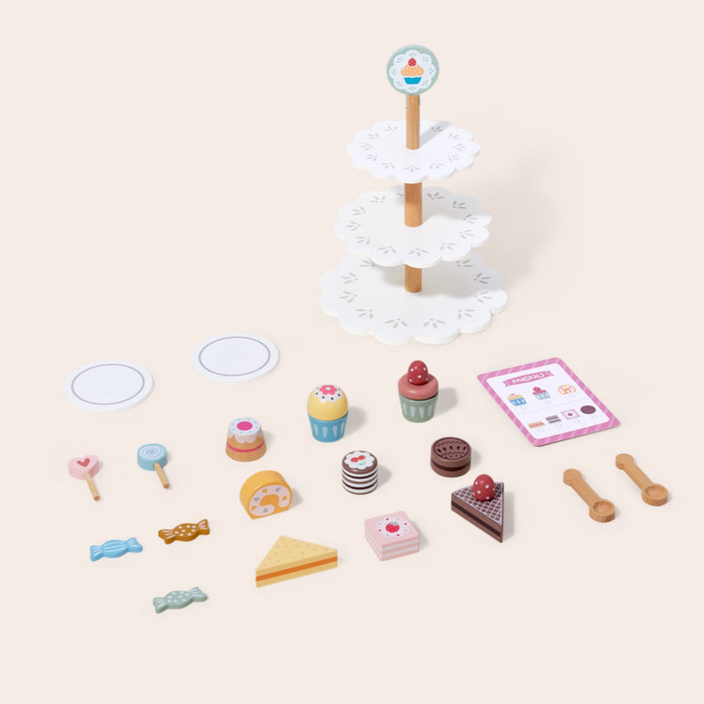 Juego de té de madera con postres de colores y soporte para cupcakes