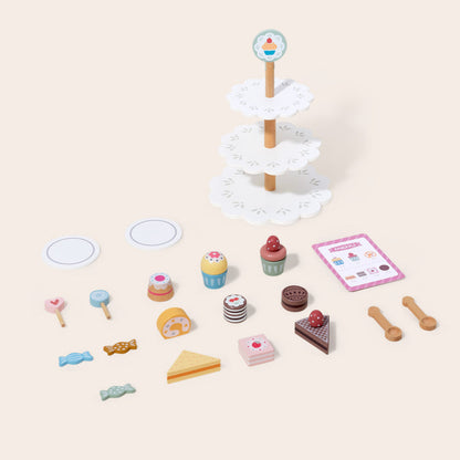 Juego de té de madera con postres de colores y soporte para cupcakes