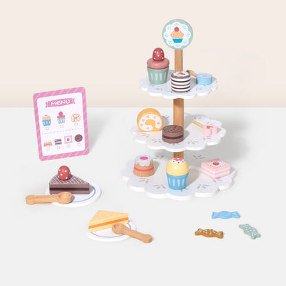Juguete de postres de madera, color pastel, vista frontal, ideal para jugar a la cocina
