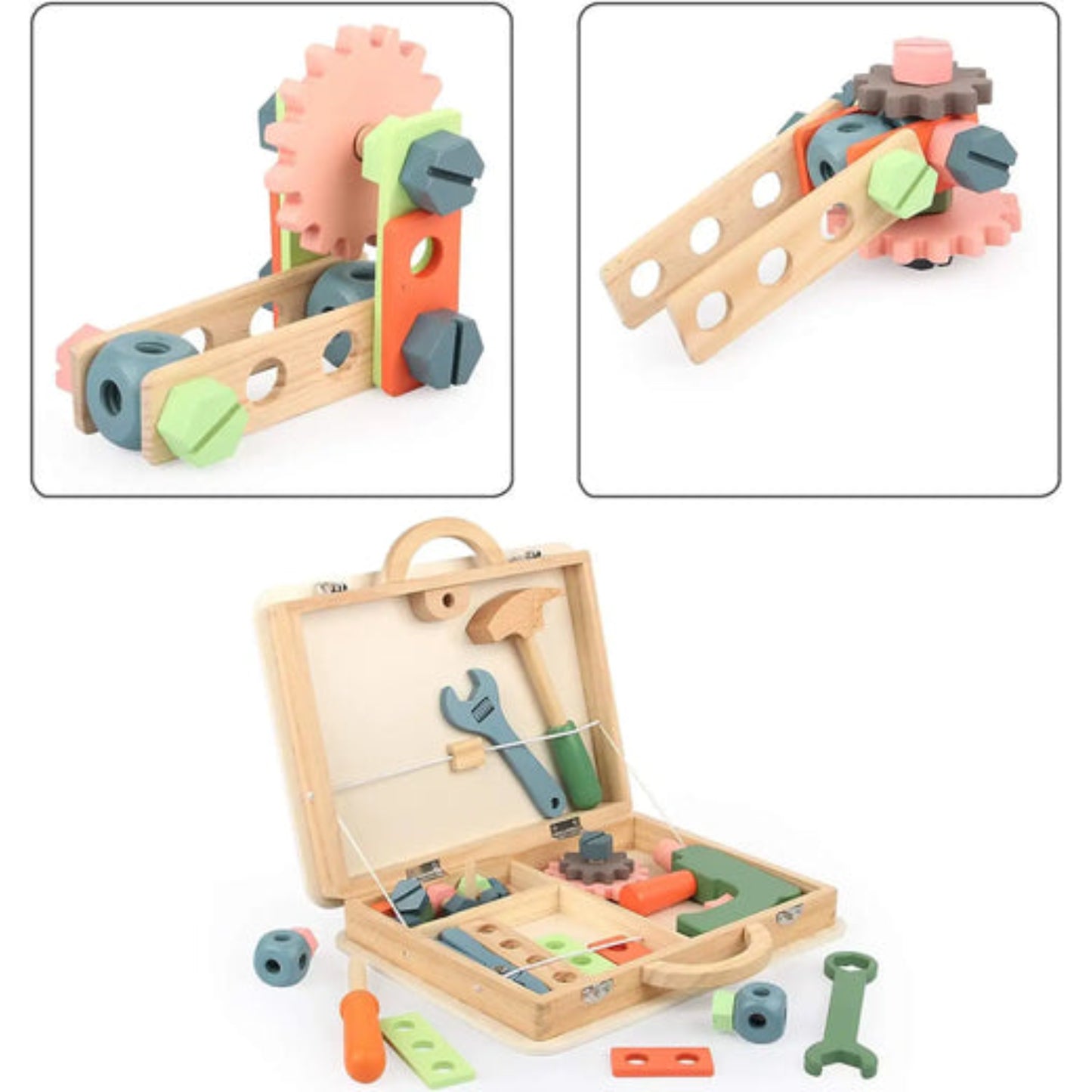 Juego de herramientas de madera colorido, vista frontal y montado, ideal para niños.
