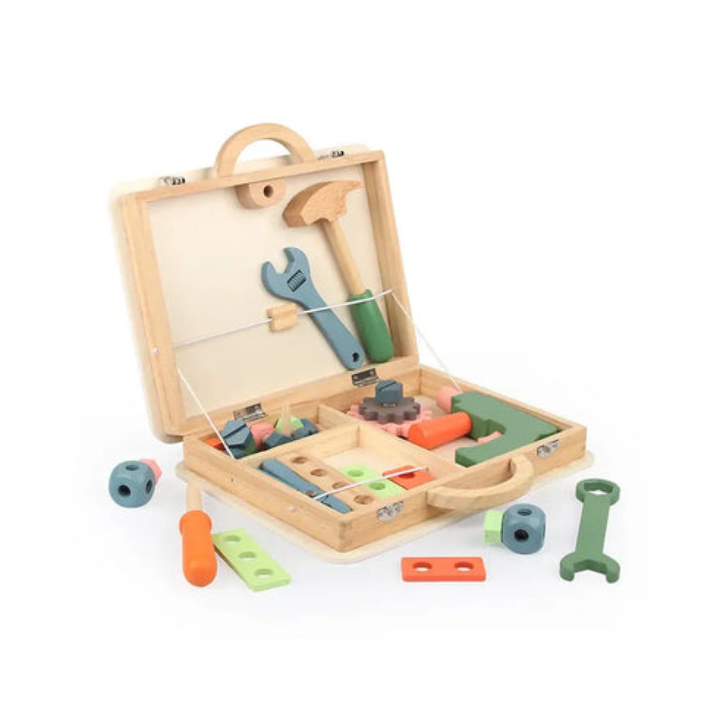 Juego de herramientas de madera colorido, caja abierta con accesorios