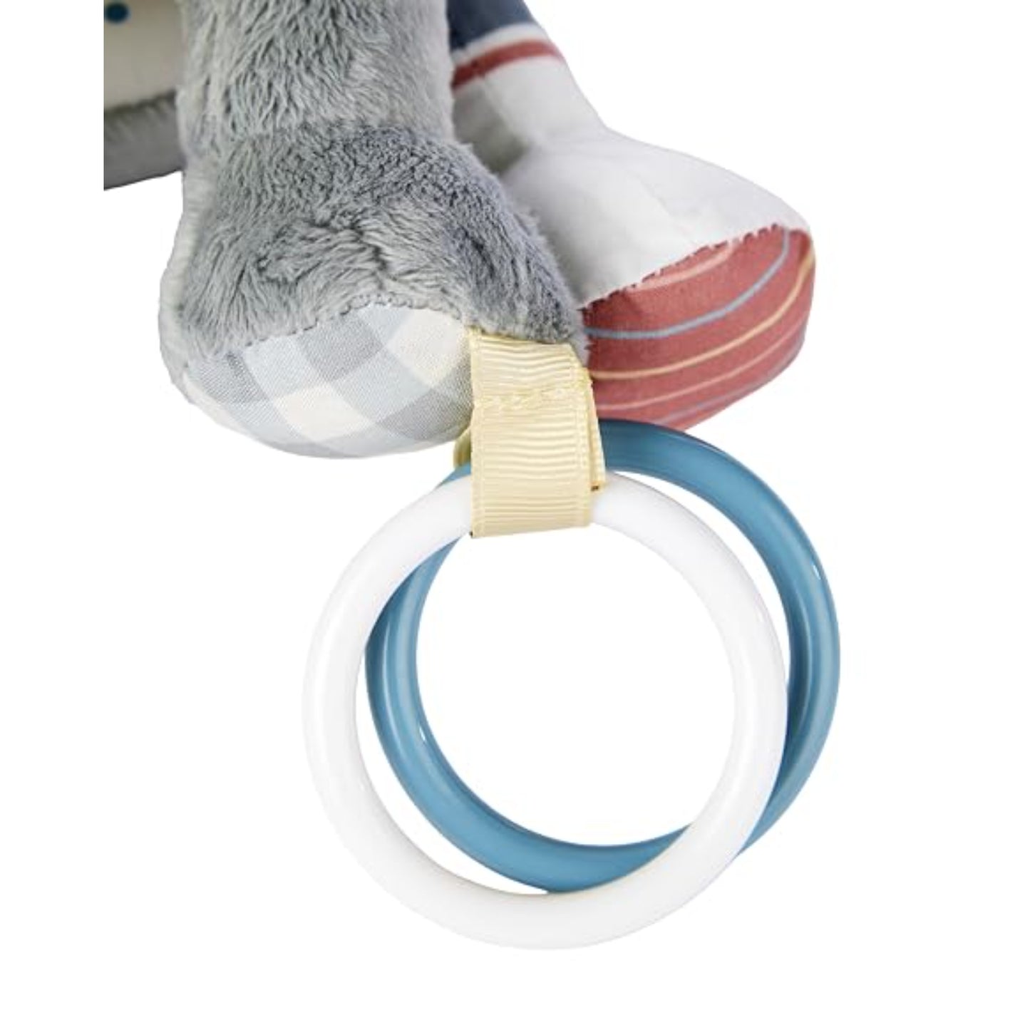juguete suave gris con anillos de juego azul y blanco, vista lateral