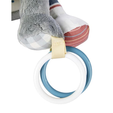 juguete suave gris con anillos de juego azul y blanco, vista lateral