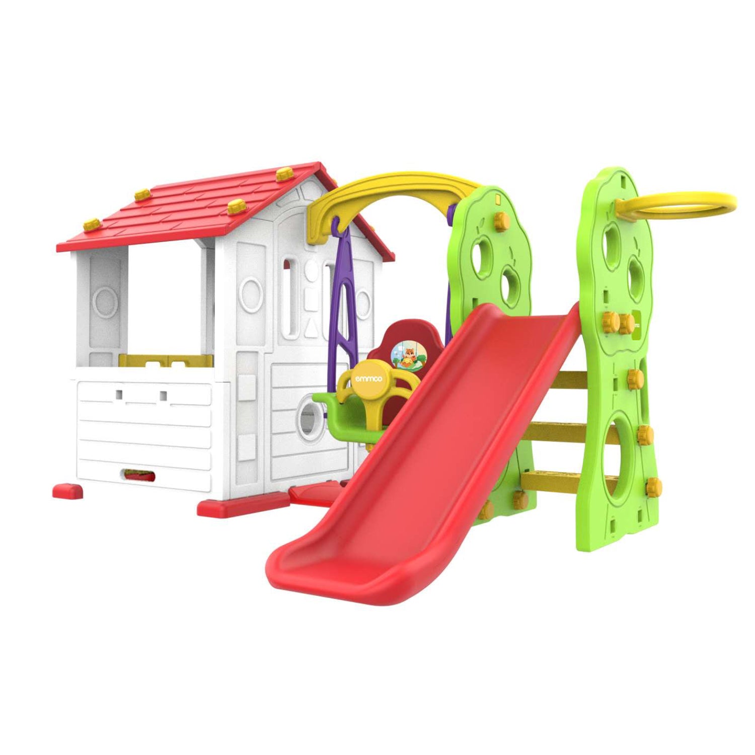 Casa de juegos infantil con tobogán rojo y columpio amarillo para exteriores