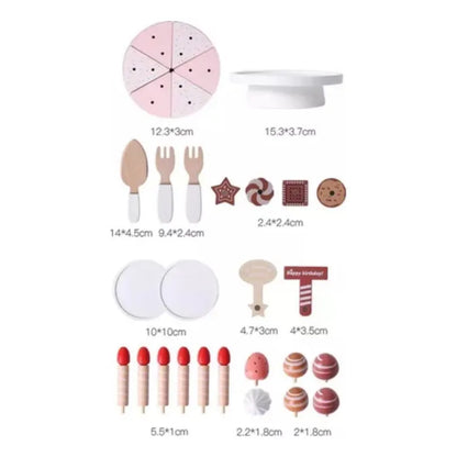 Juego de cocina de madera, pasteles y utensilios en color natural y rosa