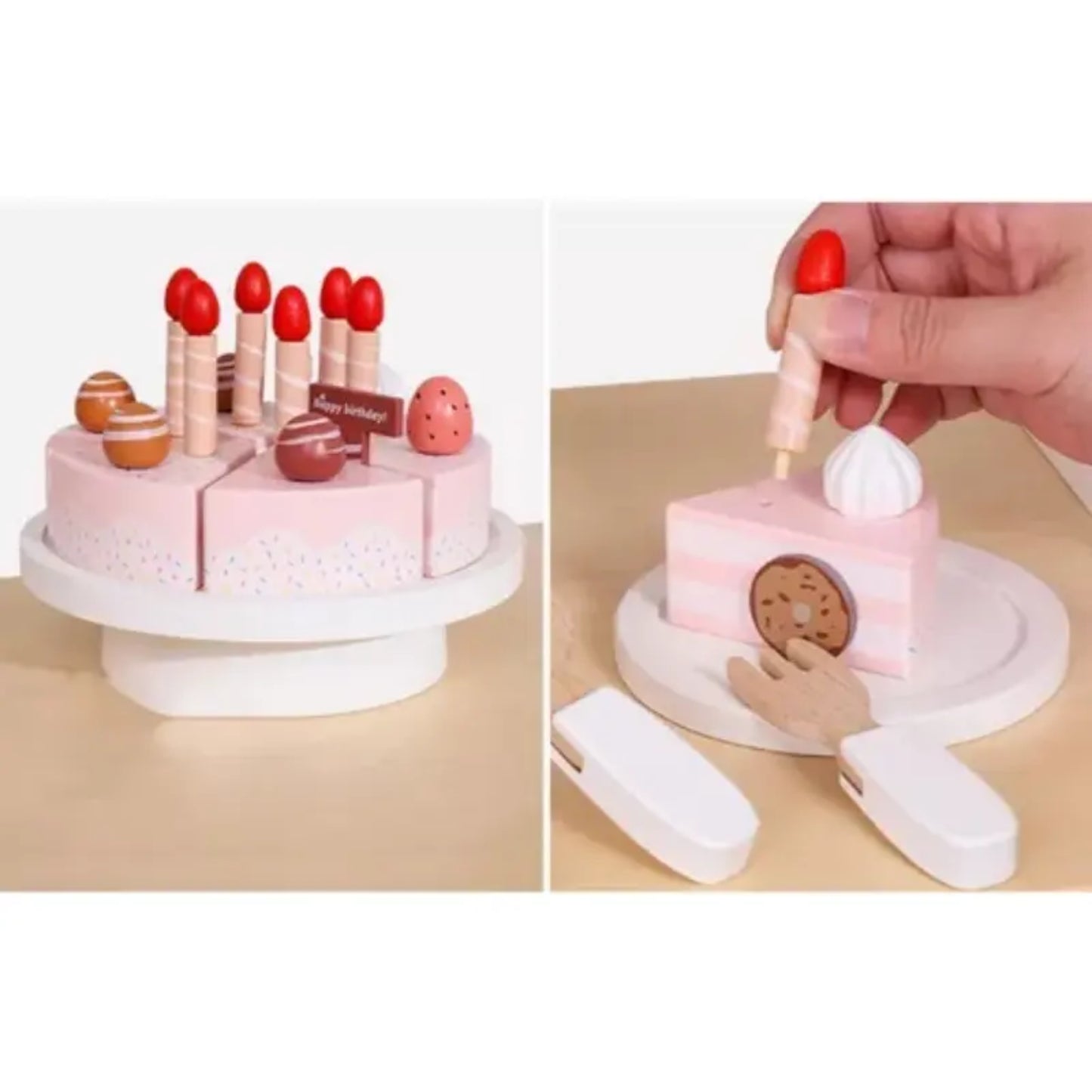 Pastel de juguete rosa con velas, decoración y cuchillo de madera