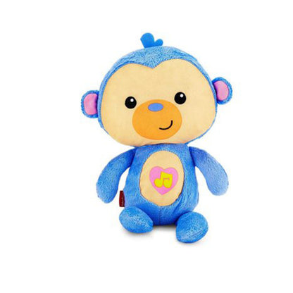 Peluche de mono azul con cara sonriente y corazón musical, juguete infantil
