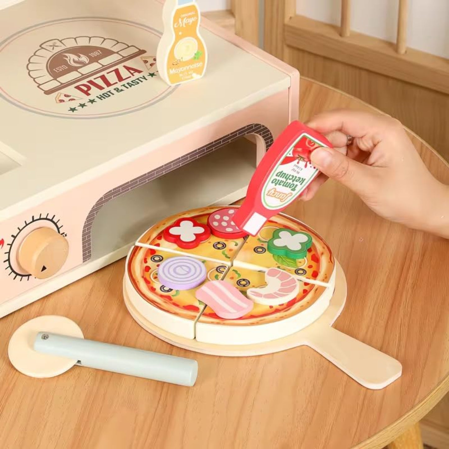 Juego de cocina de pizza de madera con horno y accesorios en color pastel