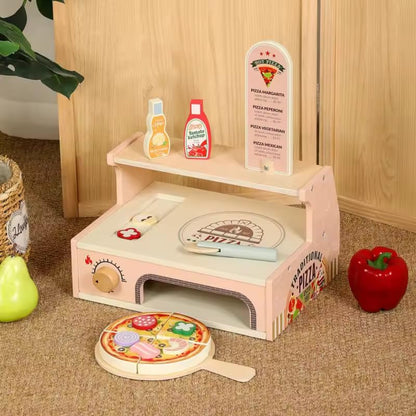 Horno de juguete para pizza de madera con accesorios y vista frontal