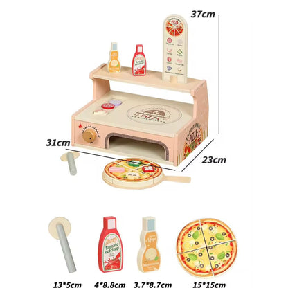 Juego de cocina de pizza de madera, vista frontal con ingredientes coloridos
