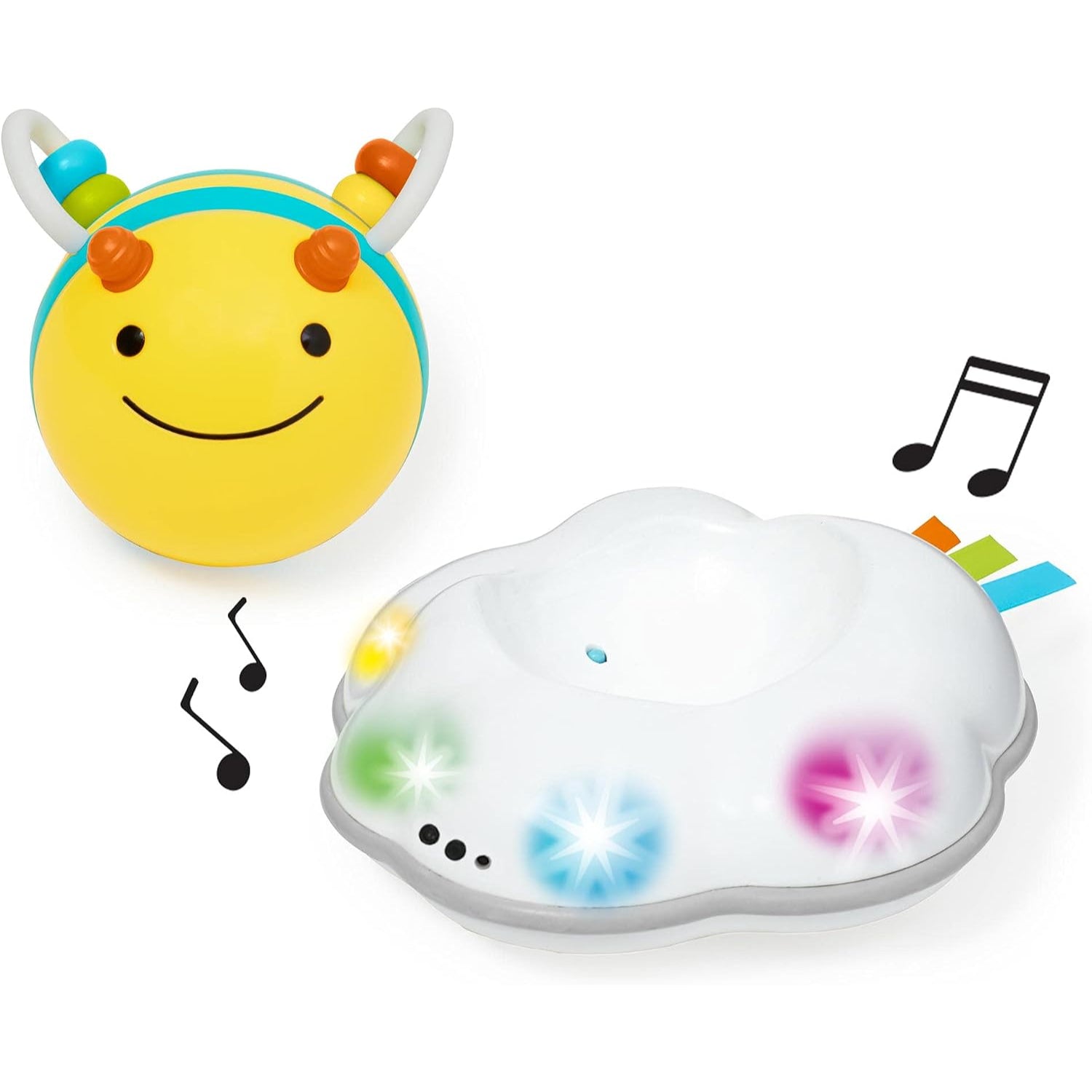 Juguete musical para bebés, nube blanca con luces y abeja amarilla, vista lateral.