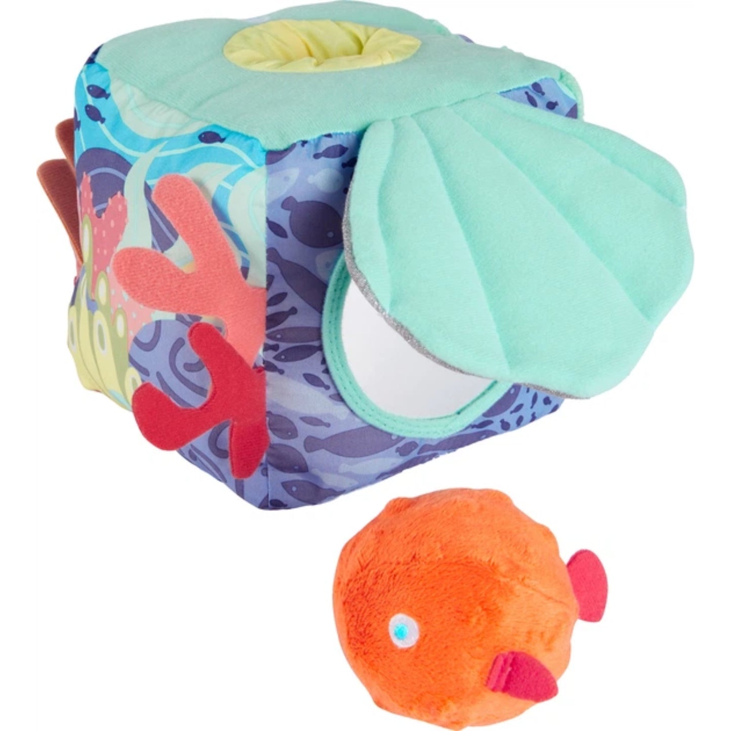 Juguete textil de animal marino, color azul y verde, con espejo y pez de peluche