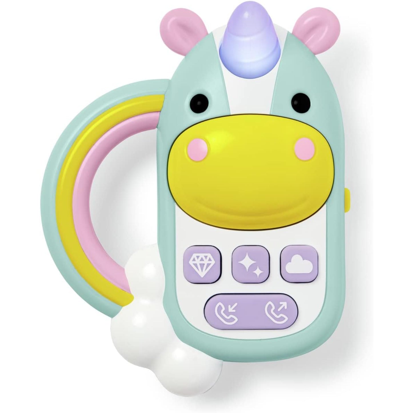 Teléfono unicornio color pastel, vista frontal con botones coloridos, diseñado para niños
