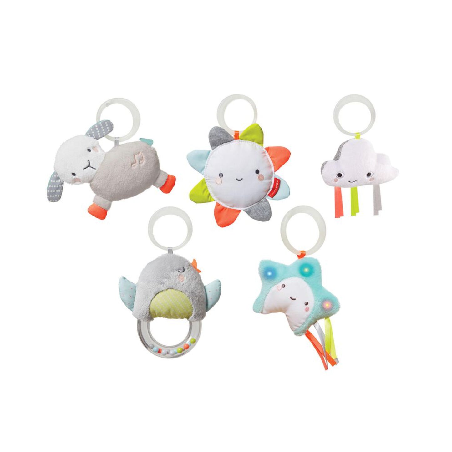 Juguetes de peluche coloridos SKIP*HOP para estimulación infantil con sonajeros
