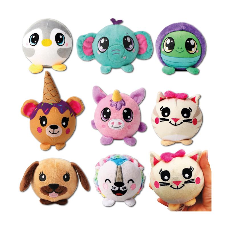 Juguetes de peluche en forma de animales coloridos, vista frontal, ideal para niños