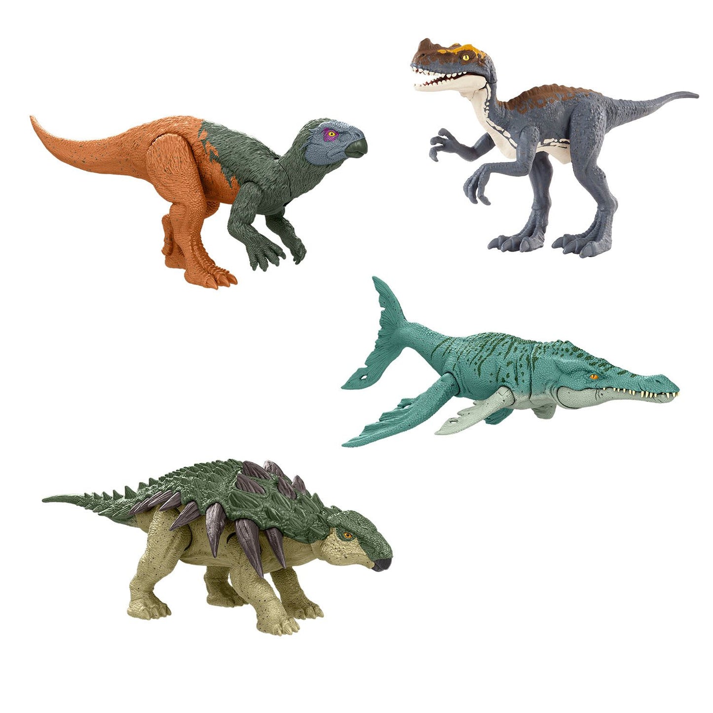 Juguetes de dinosaurios de Mattel, colores variados, vista lateral, juguete educativo