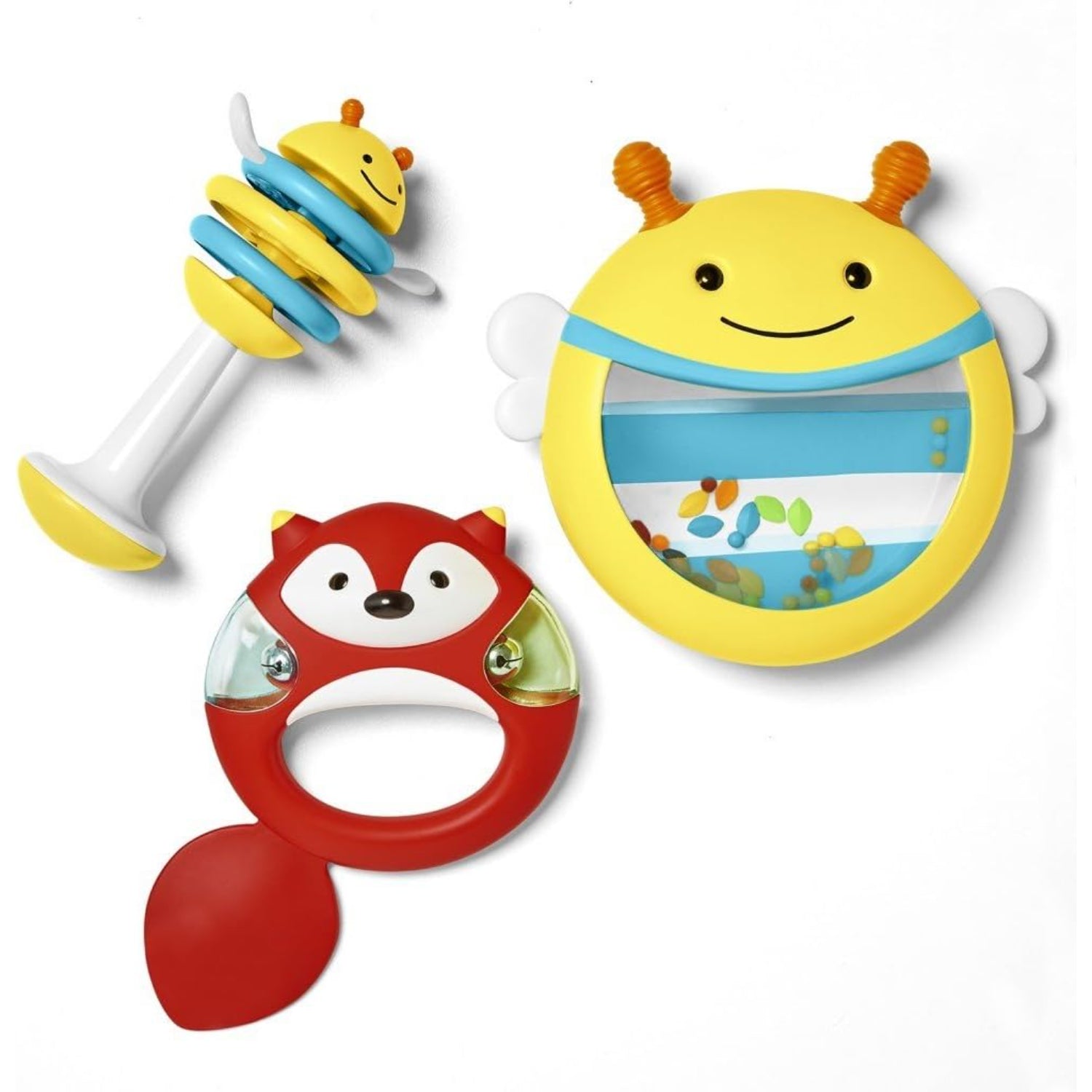 Juguetes de actividad SKIP*HOP en colores amarillo y rojo, estimulando el juego infantil