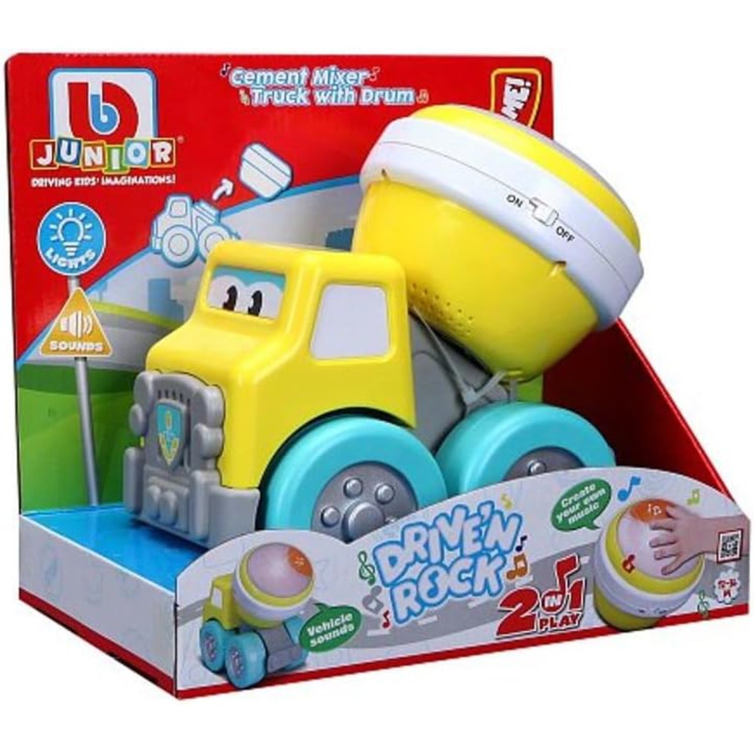 Carro mezclador de cemento amarillo, vista frontal con caja, ideal para niños.