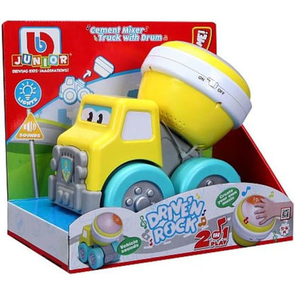 Carro mezclador de cemento amarillo, vista frontal con caja, ideal para niños.