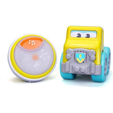 Carro de juguete amarillo y azul con altavoz musical, ideal para niños pequeños