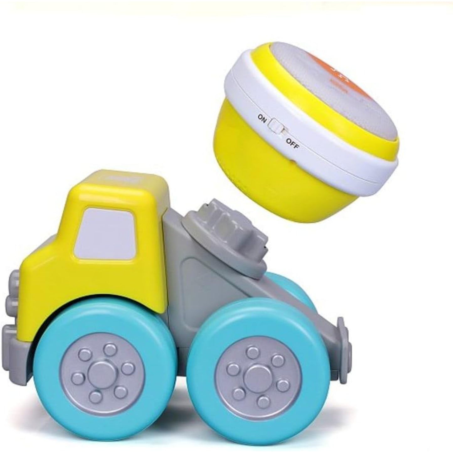 Carro de juguete amarillo y azul con cubo giratorio, ideal para niños