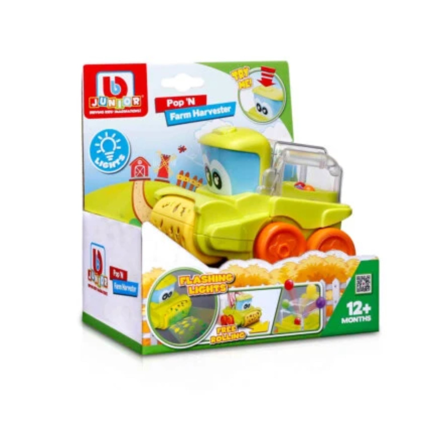 Carro amarillo Pop 'N Farm Harvester con luces intermitentes, vista frontal, juguete infantil