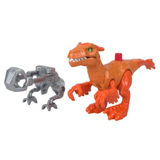 Figura de dinosaurio naranja de Jurassic World, detalle frontal con otra figura mecánica