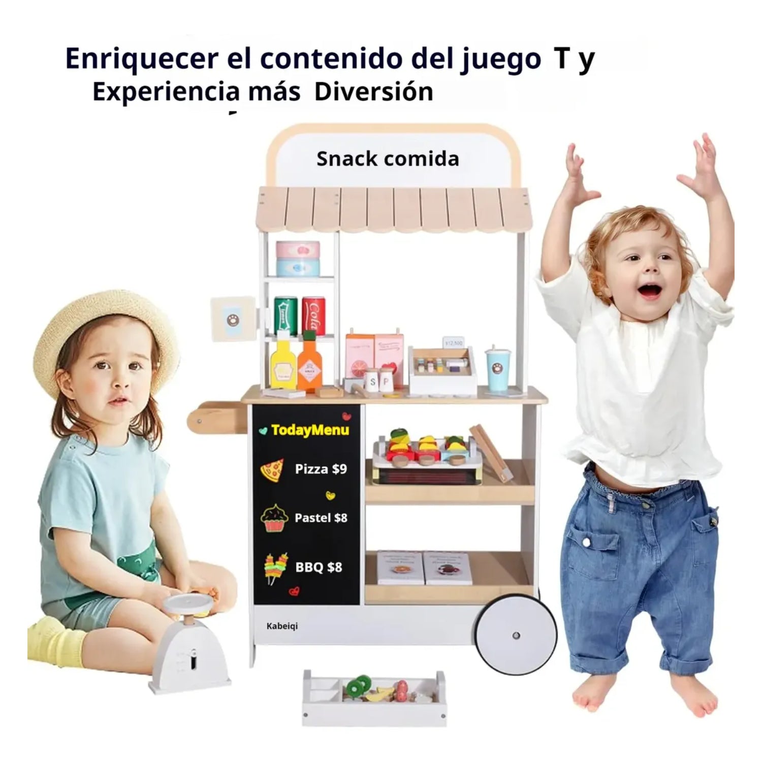 Carrito de snacks de juguete con niños jugando, color natural y detalles coloridos