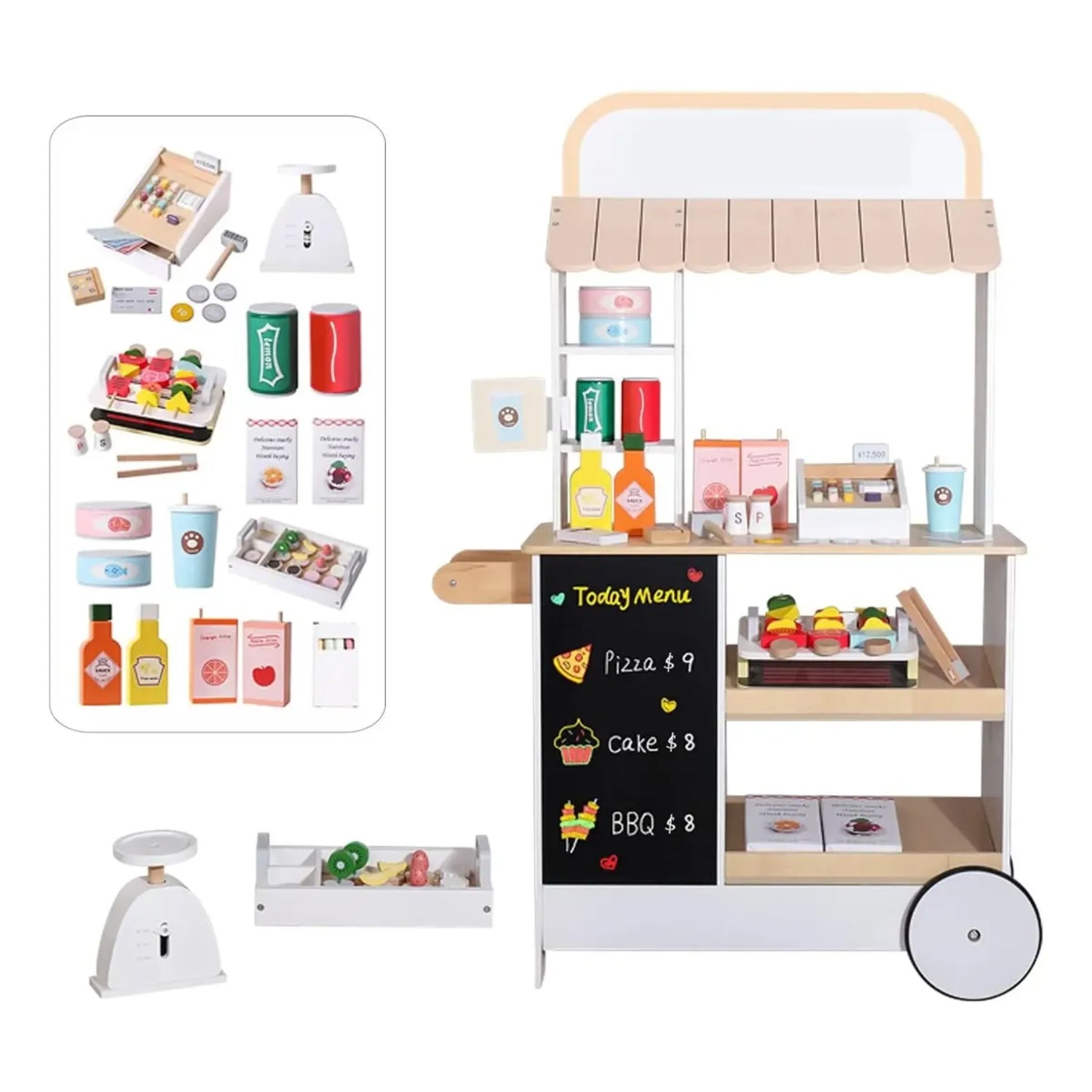 Carrito de comida de madera color natural, vista frontal, ideal para juegos de rol infantiles