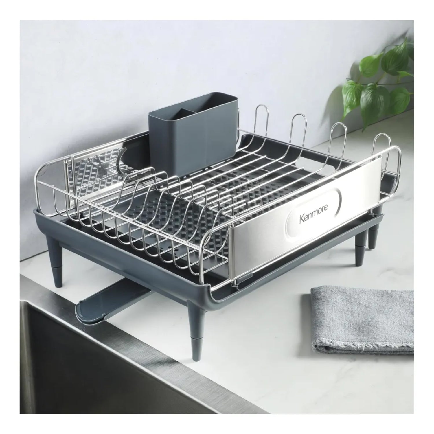 Escurridor de platos KENMORE gris con soporte y diseño moderno, ideal para cocina