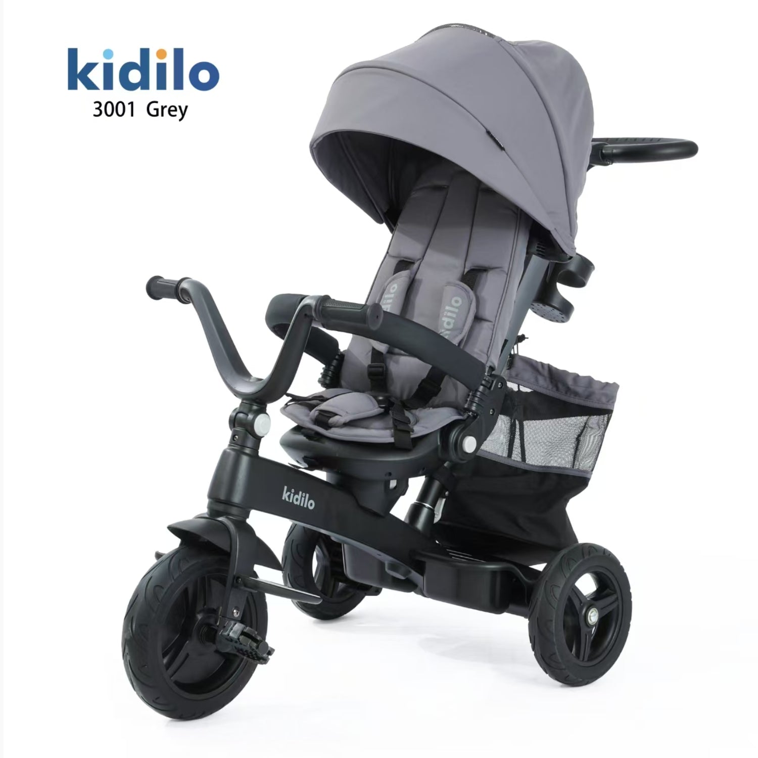 Cochecito KIDILO 3001 gris, vista lateral, ideal para paseos cómodos