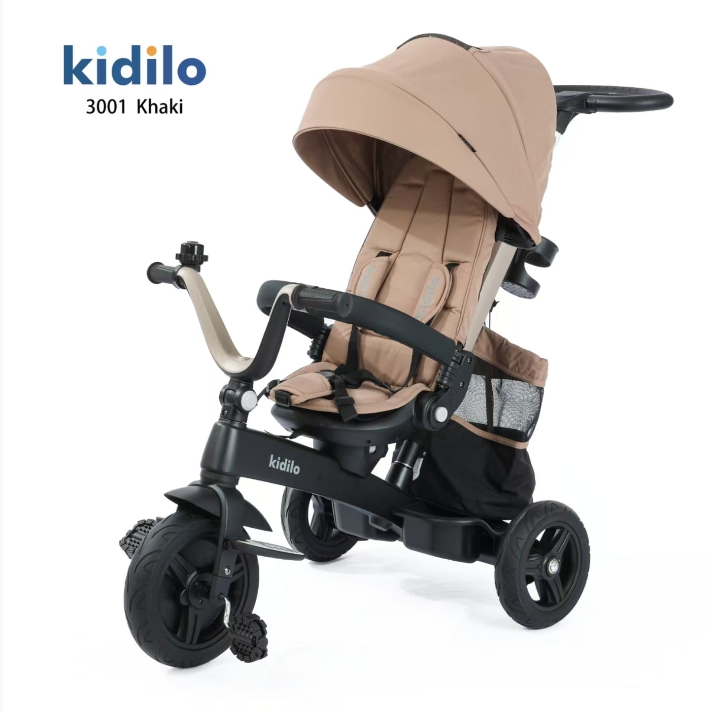 Carriola KIDILO 3001 color khaki, vista lateral con capota y ruedas