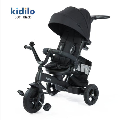 Cochecito negro Kidilo 3001, vista lateral, ideal para paseos infantiles
