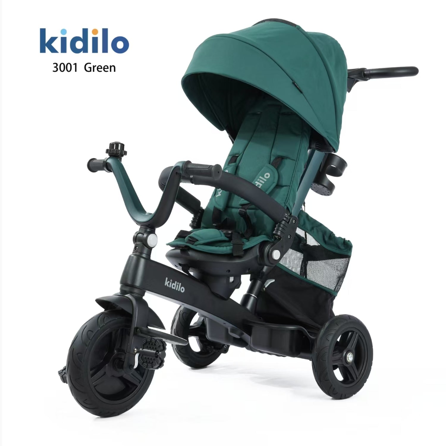 Cochecito Kidilo 3001 verde, vista lateral con toldo, ideal para paseos