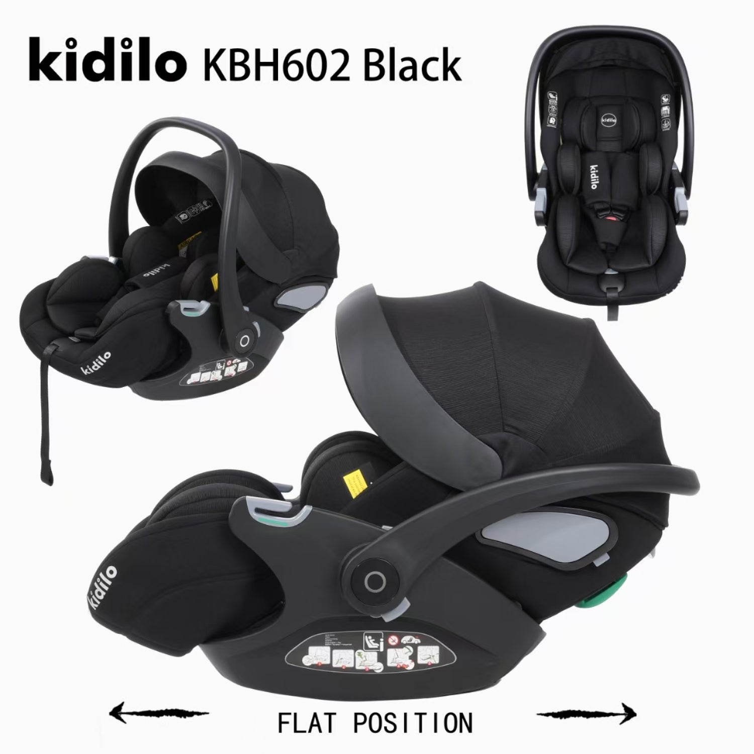Cargador Kidilo KBH602 negro, vista frontal y lateral, asiento para bebé
