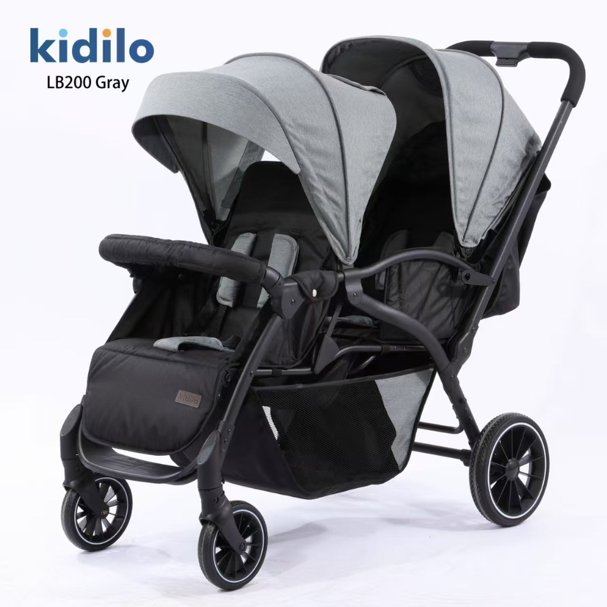 Carrito de bebé KIDILO LB200 gris, doble asiento y techo corredizo
