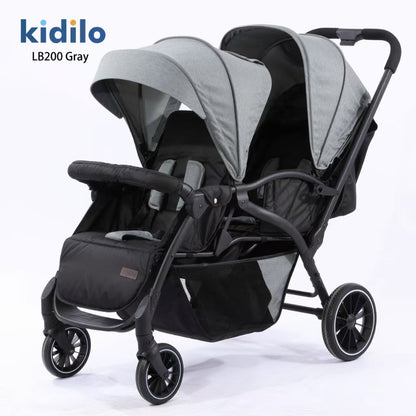 Carrito de bebé KIDILO LB200 gris, doble asiento y techo corredizo