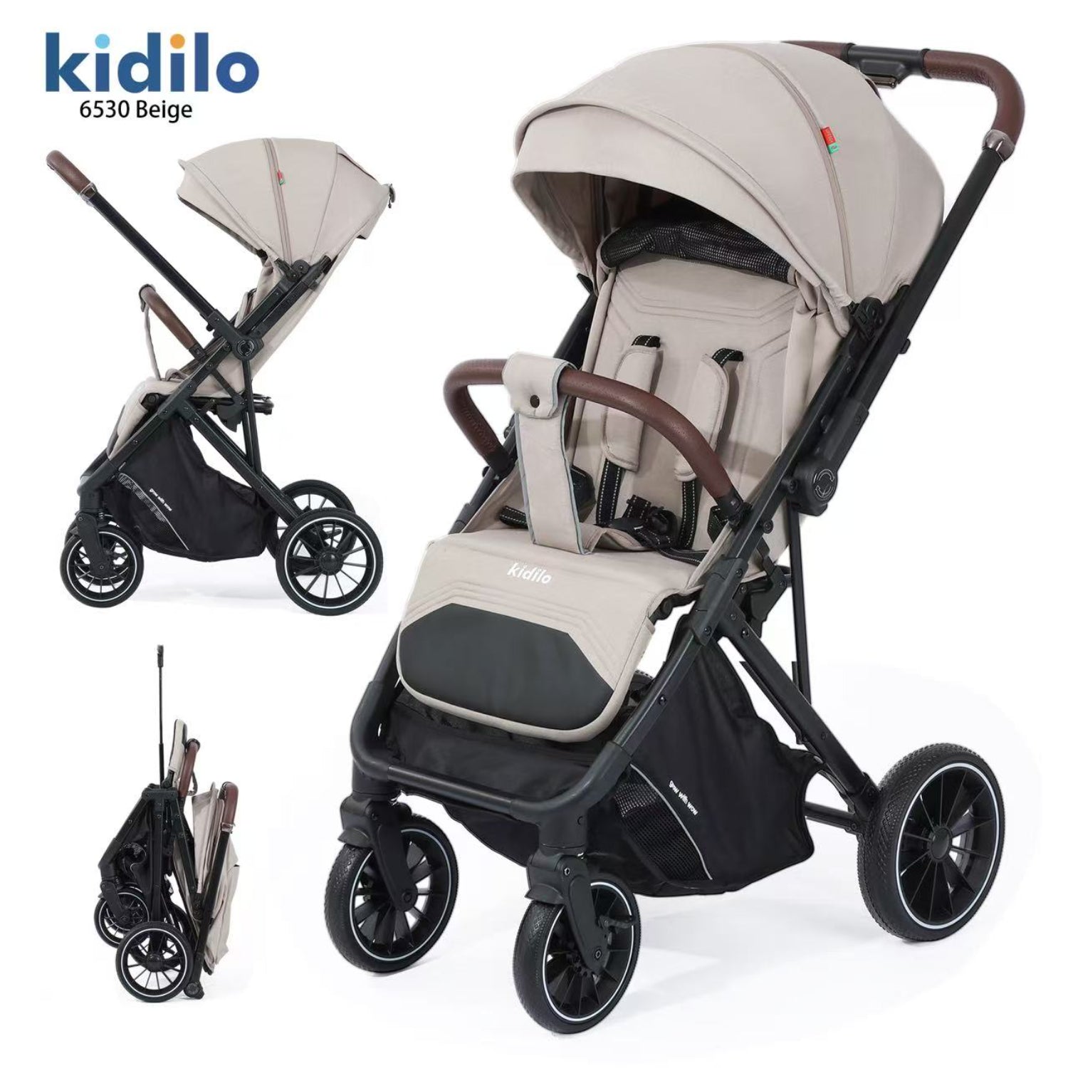 Coche Kidilo 6530 beige vista lateral, ideal para paseos con bebés