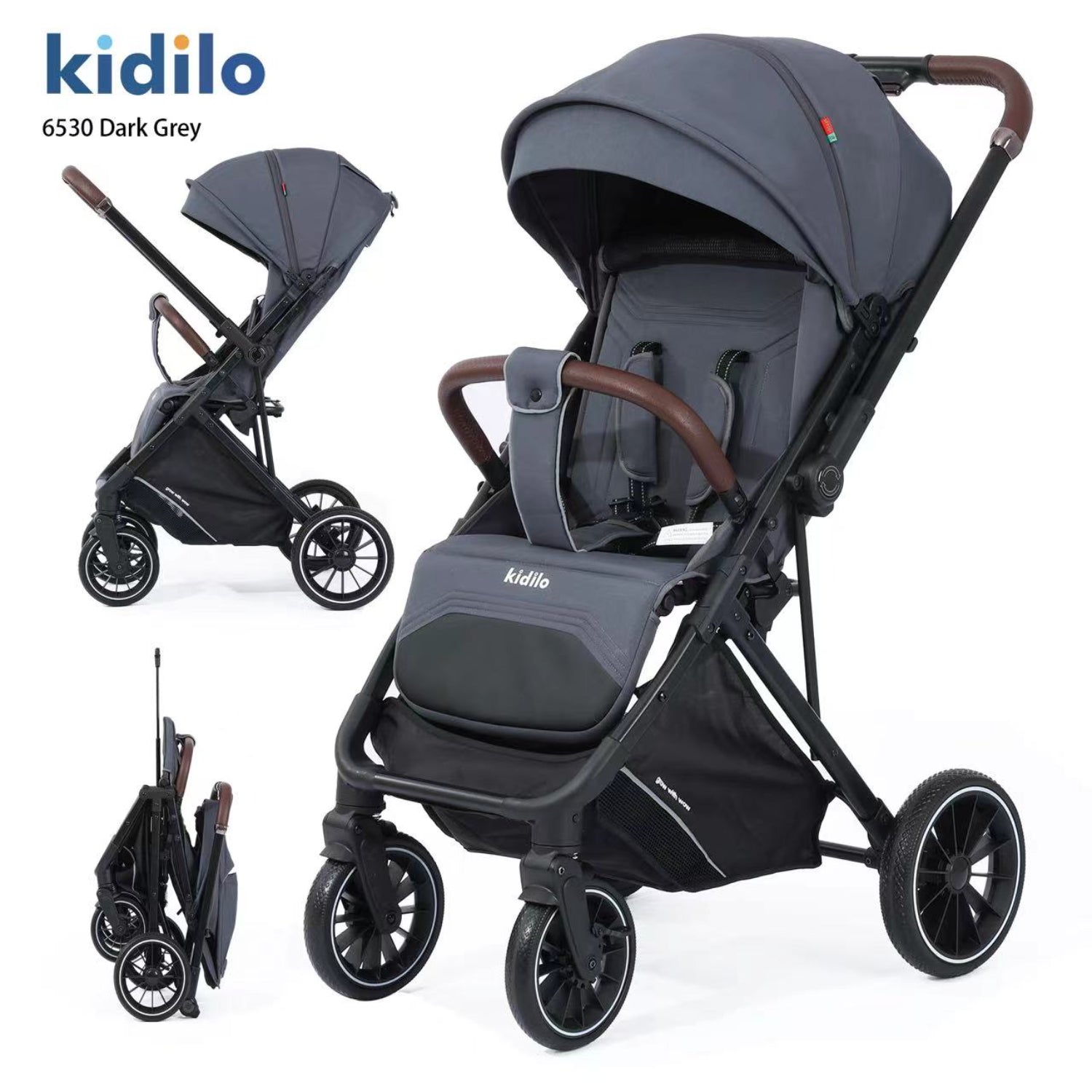 Coche Kidilo gris oscuro vista lateral, apto para paseos cómodos con bebés