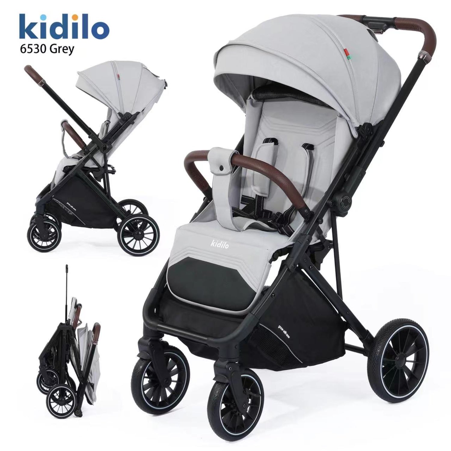 Coche Kidilo 6530 gris, vista lateral y plegado en contexto urbano