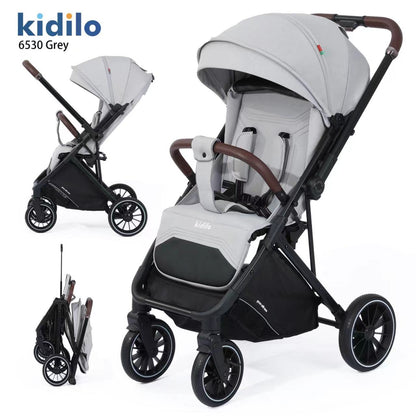 Coche Kidilo 6530 gris, vista lateral y plegado en contexto urbano