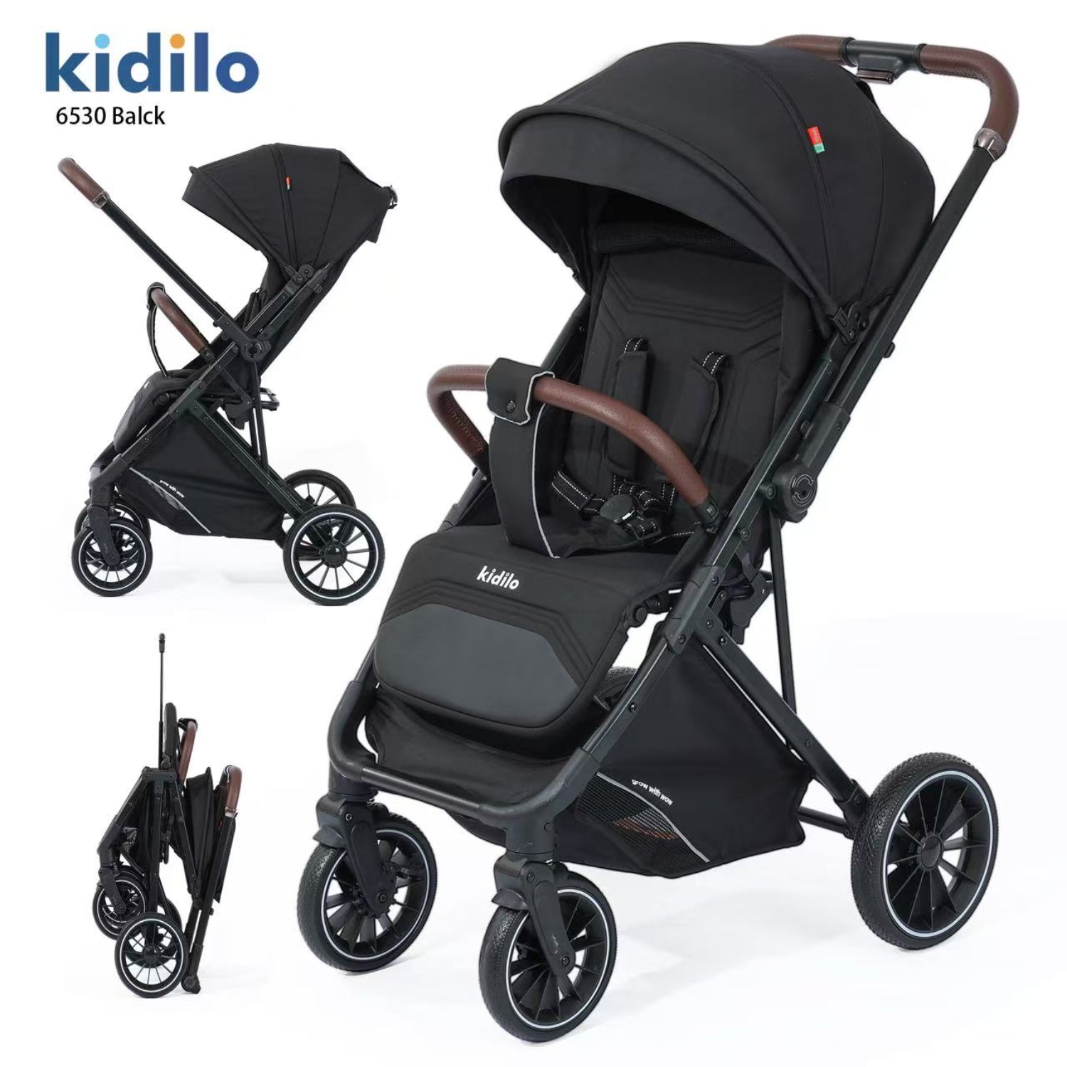 Coche de bebé negro Kidilo estilo moderno y plegable con capota grande
