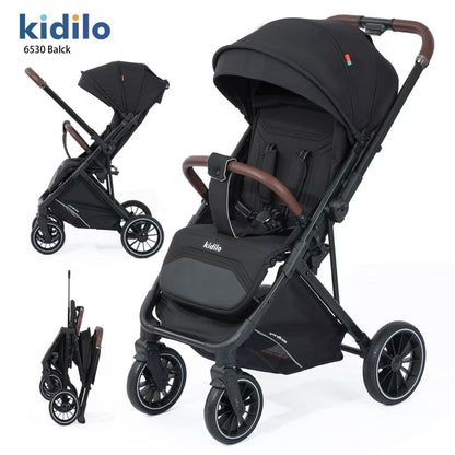 Coche de bebé negro Kidilo estilo moderno y plegable con capota grande