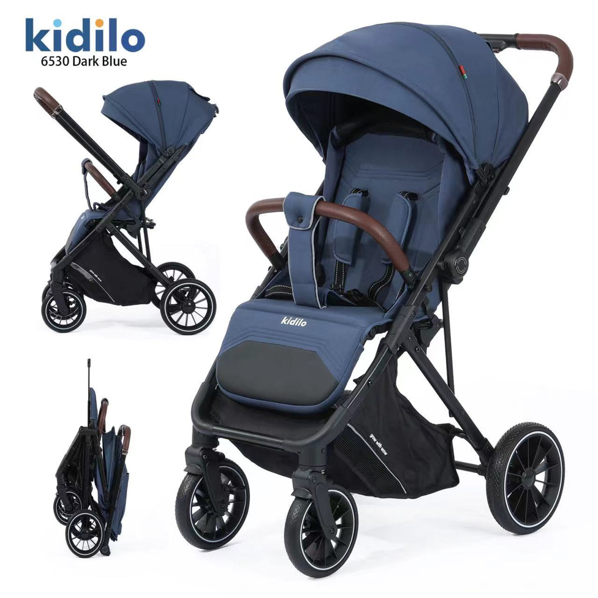 coche Kidilo azul oscuro, vista lateral, diseño moderno y funcional