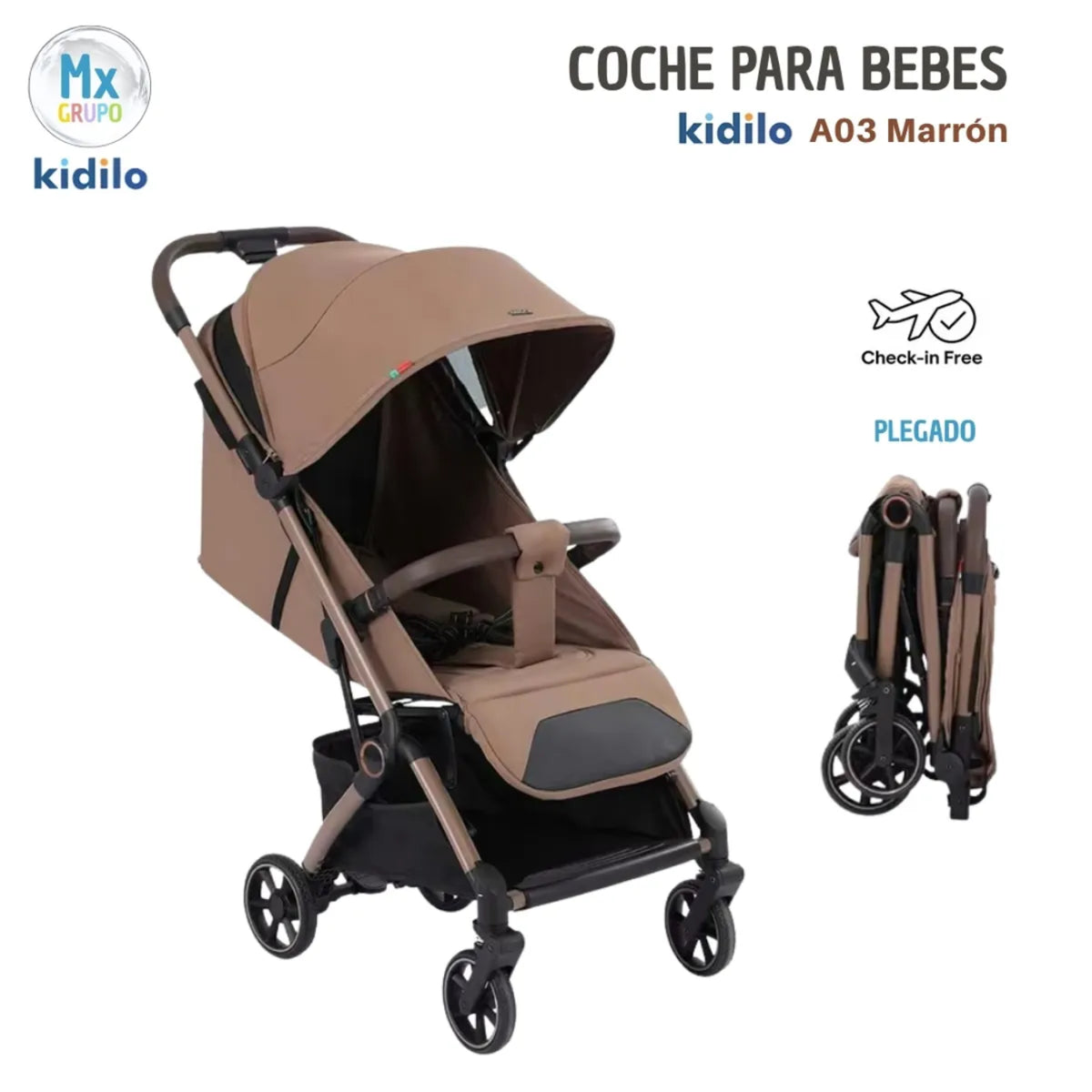 Coche para bebés KIDILO A03 marrón, vista plegada y contextuada