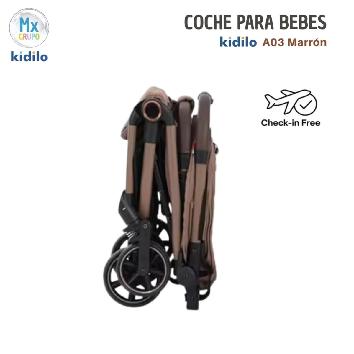 Coche marrón plegado, vista lateral, ideal para viajar con bebés.